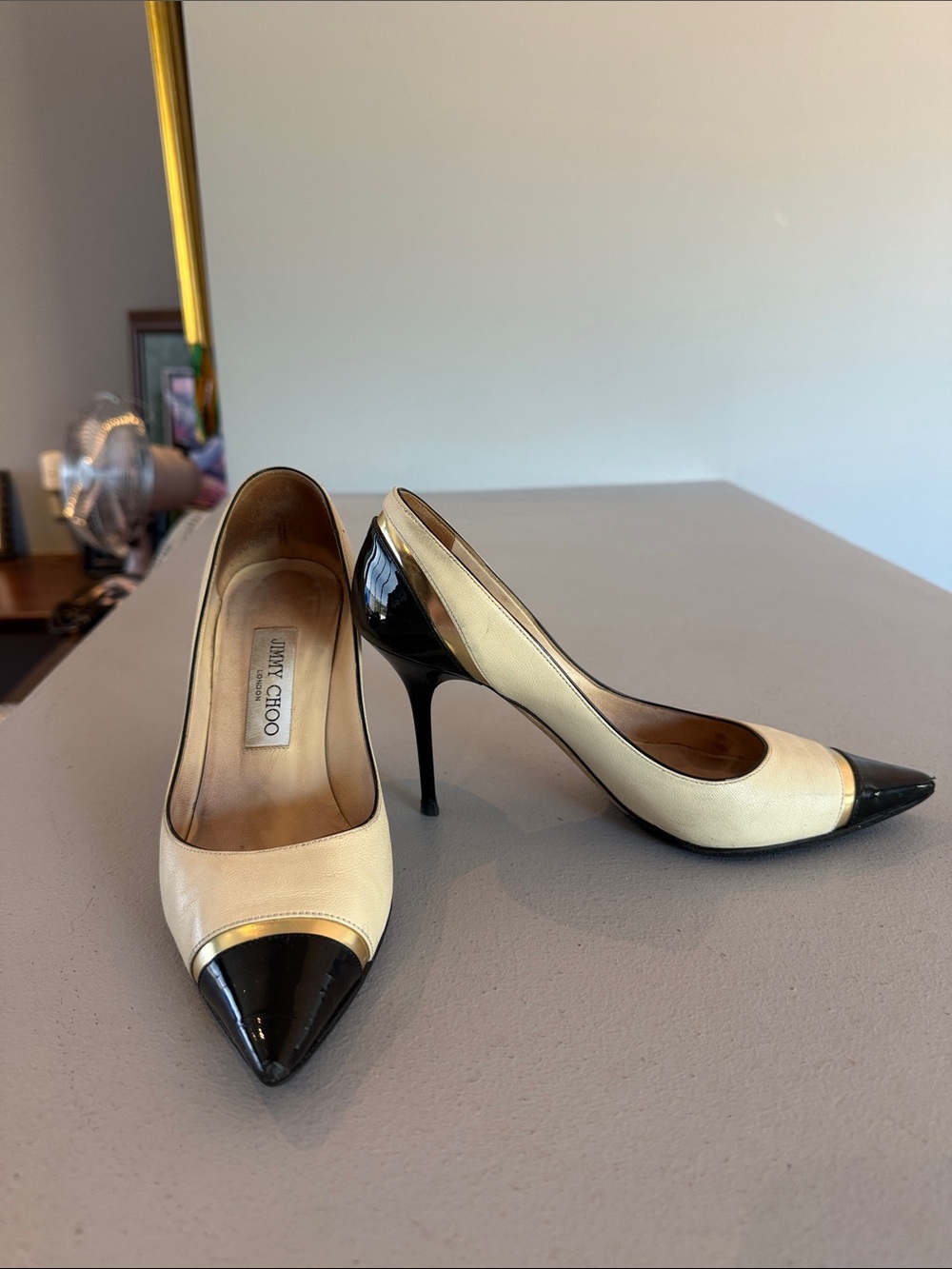Jimmy Choo Cream and Black Pointed-Toe Stiletto Pumps